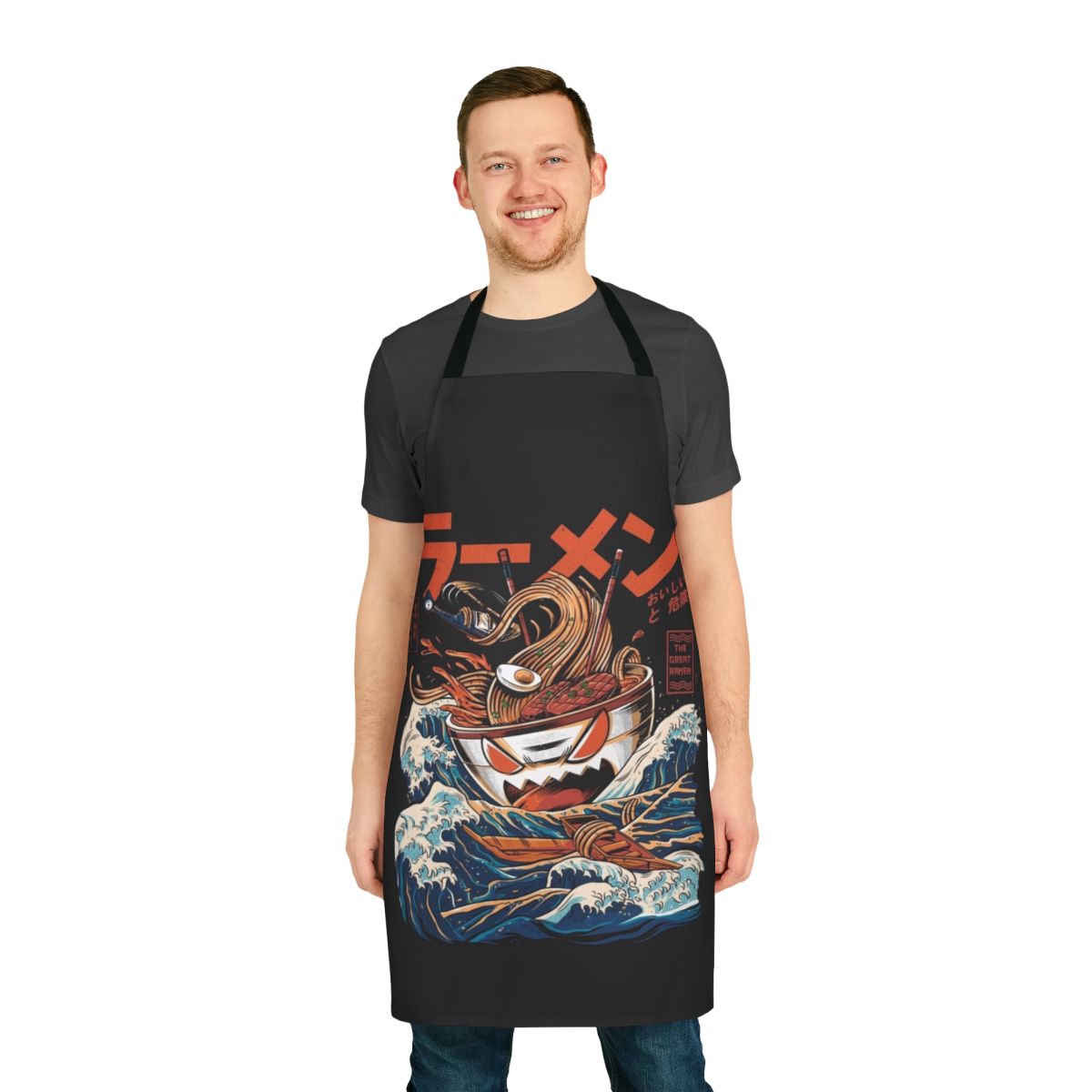 Anime-inspired ramen apron with a retro kaiju wave pattern in blue, orange, and black
