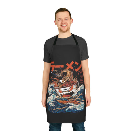 Anime-inspired ramen apron with a retro kaiju wave pattern in blue, orange, and black