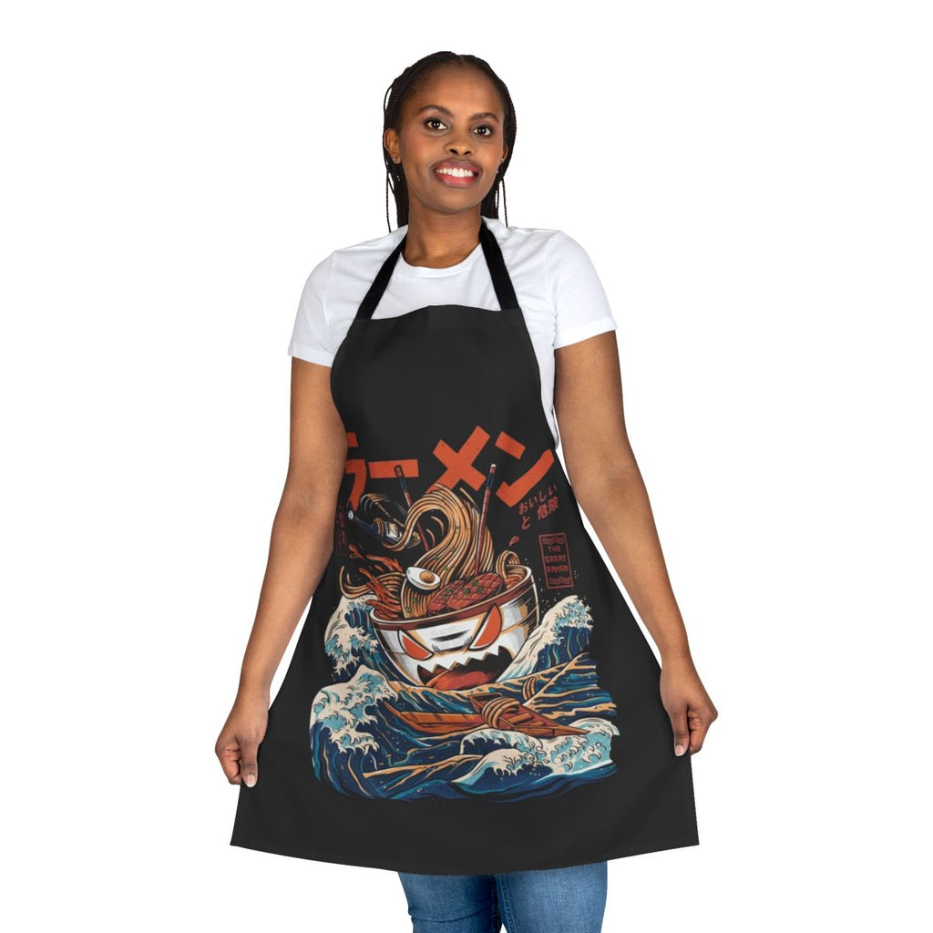 Anime-inspired ramen apron with a retro kaiju wave pattern in blue, orange, and black