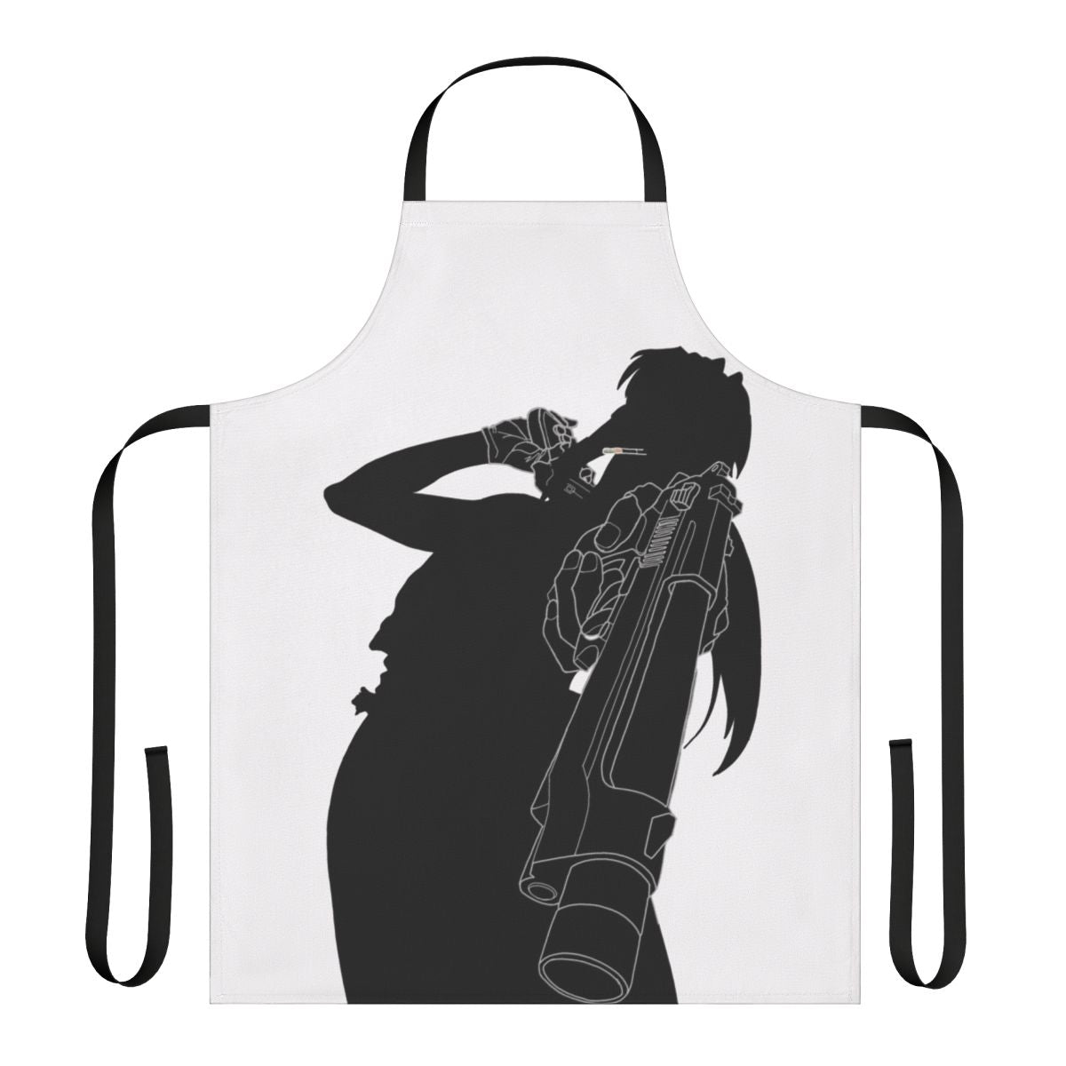 Anime-inspired black and white silhouette apron featuring the character Revy from the series Black Lagoon