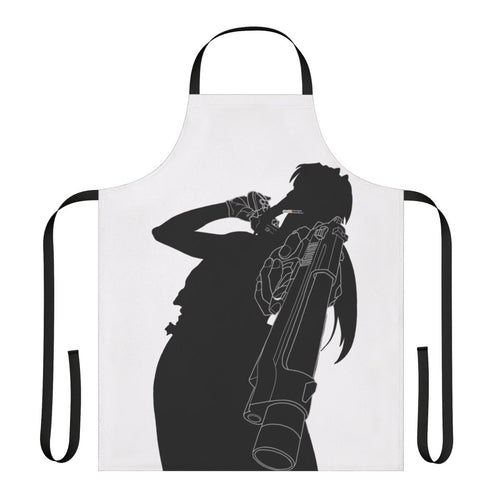 Anime-inspired black and white silhouette apron featuring the character Revy from the series Black Lagoon