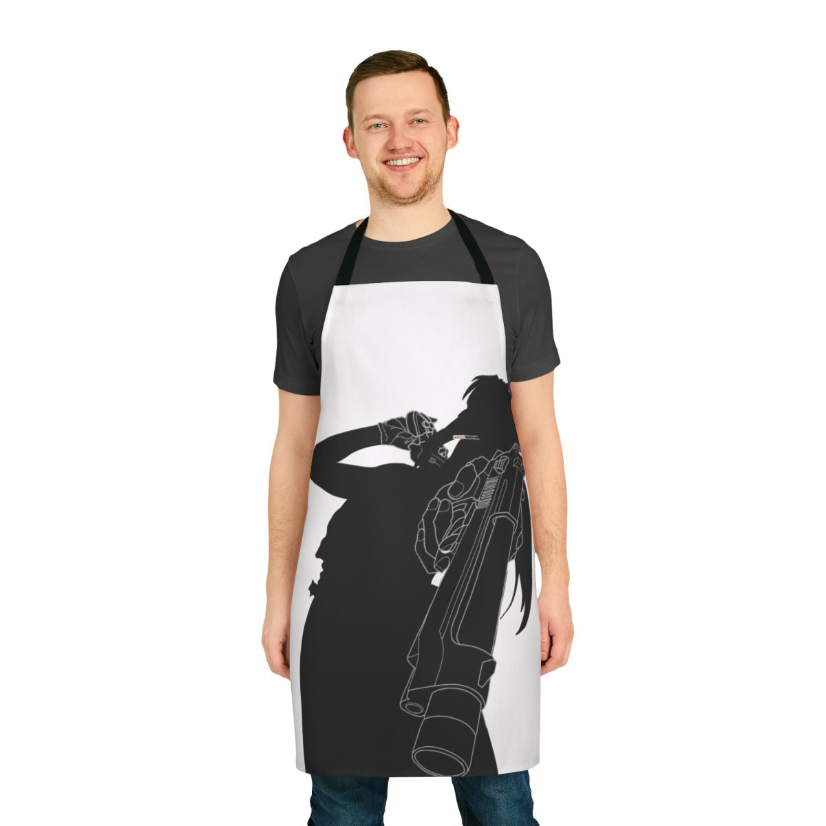 Anime-inspired black and white silhouette apron featuring the character Revy from the series Black Lagoon