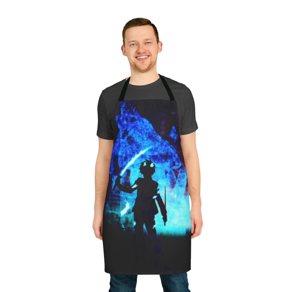Vibrant fanart-inspired apron featuring the character Rin from the anime "Blue Exorcist"