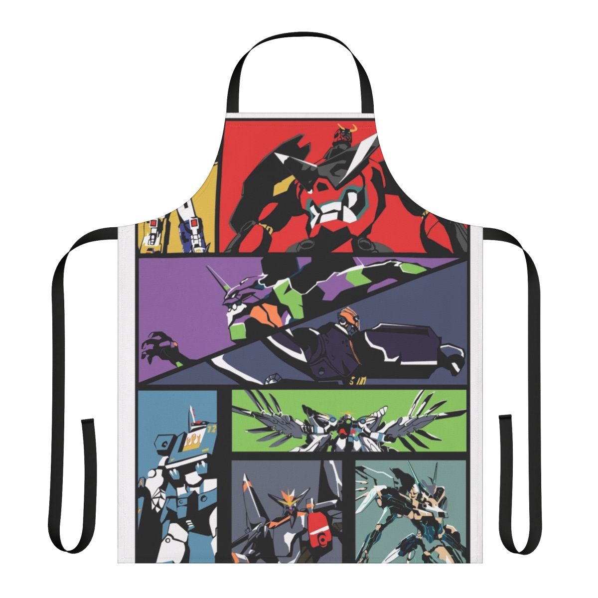 Apron featuring various anime-inspired robot designs, including Evangelion, Gurren Lagann, and Gundam