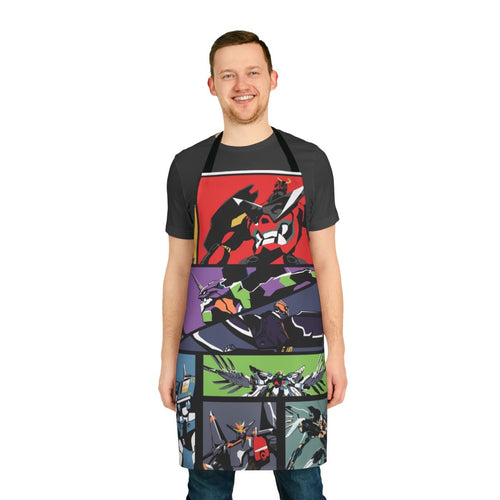 Apron featuring various anime-inspired robot designs, including Evangelion, Gurren Lagann, and Gundam