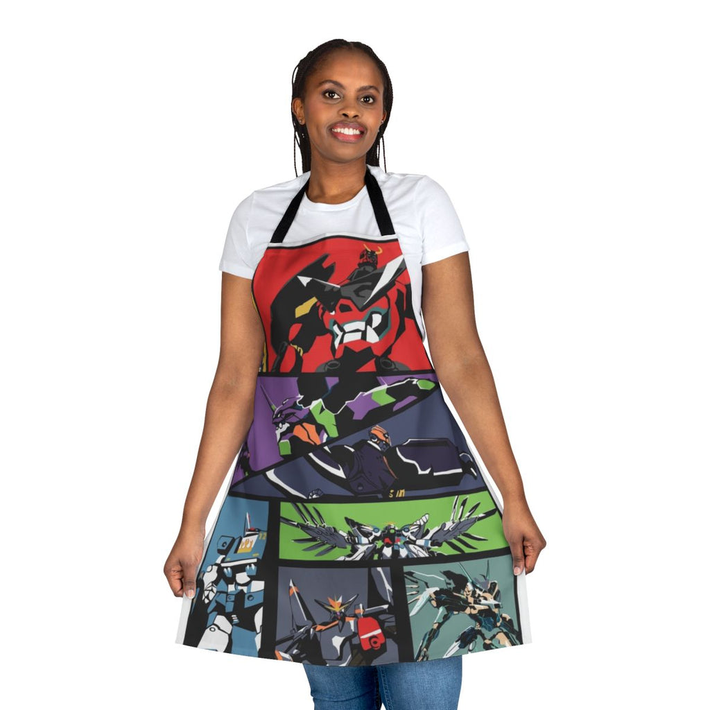 Apron featuring various anime-inspired robot designs, including Evangelion, Gurren Lagann, and Gundam