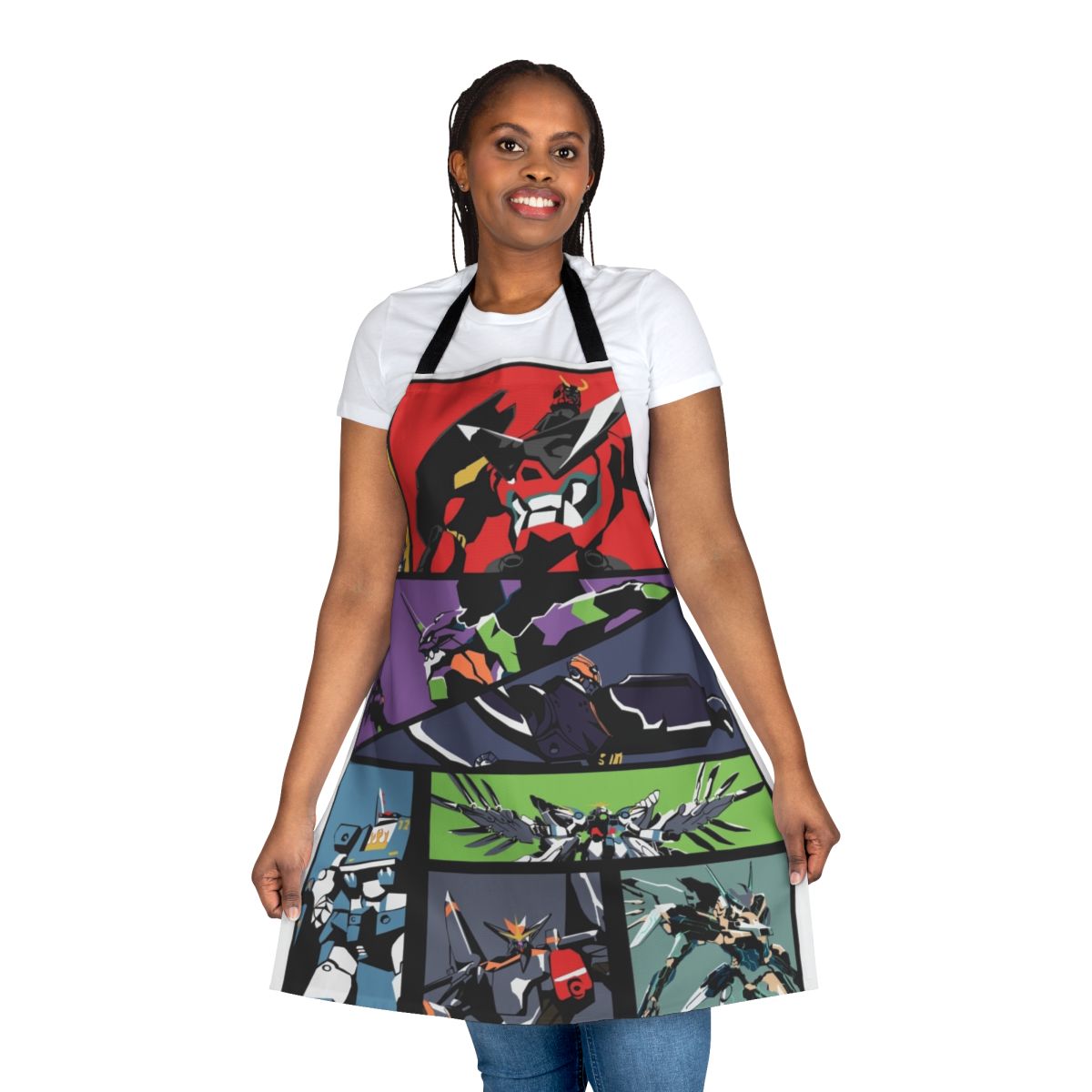 Apron featuring various anime-inspired robot designs, including Evangelion, Gurren Lagann, and Gundam