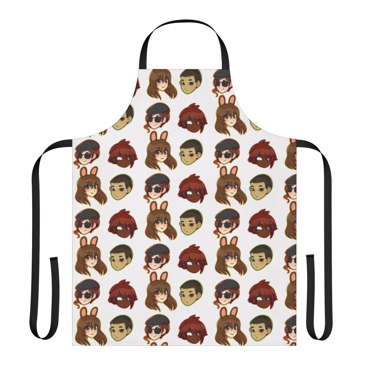 Anime-style RWBY Team CFVY apron with characters Velvet, Coco, Fox, and Yatsuhashi