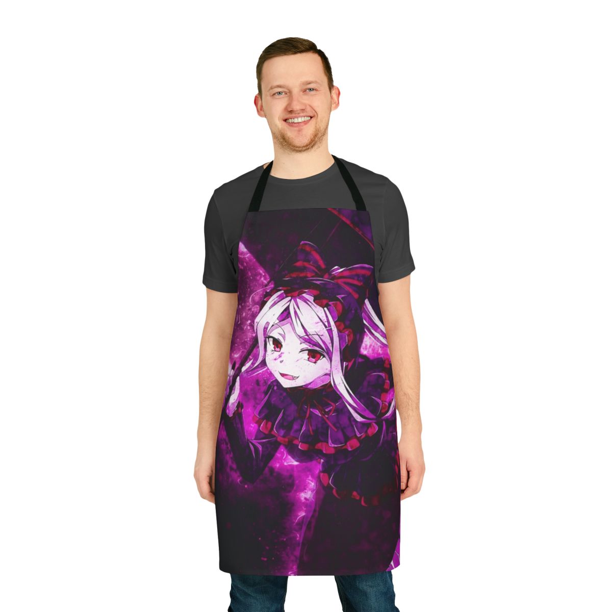 Anime-inspired apron featuring the character Shalltear Bloodfallen from the Overlord series.