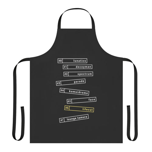 Silver Case anime-themed apron with various character references