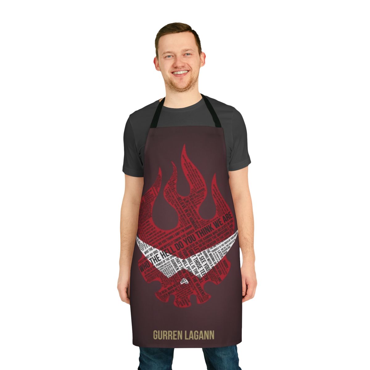 Anime-inspired typography apron featuring Gurren Lagann characters Kamina and Simon