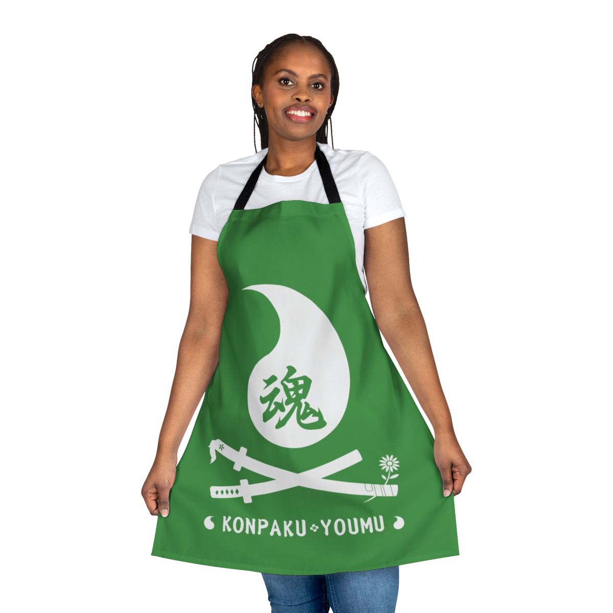 Anime-inspired apron featuring Youmu Konpaku, a character from the Touhou video game series, with a kanji design.