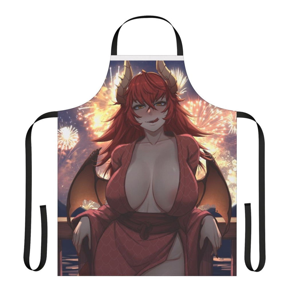Product image of a white apron with a colorful dragon girl design, inspired by the VTuber Zentreya.