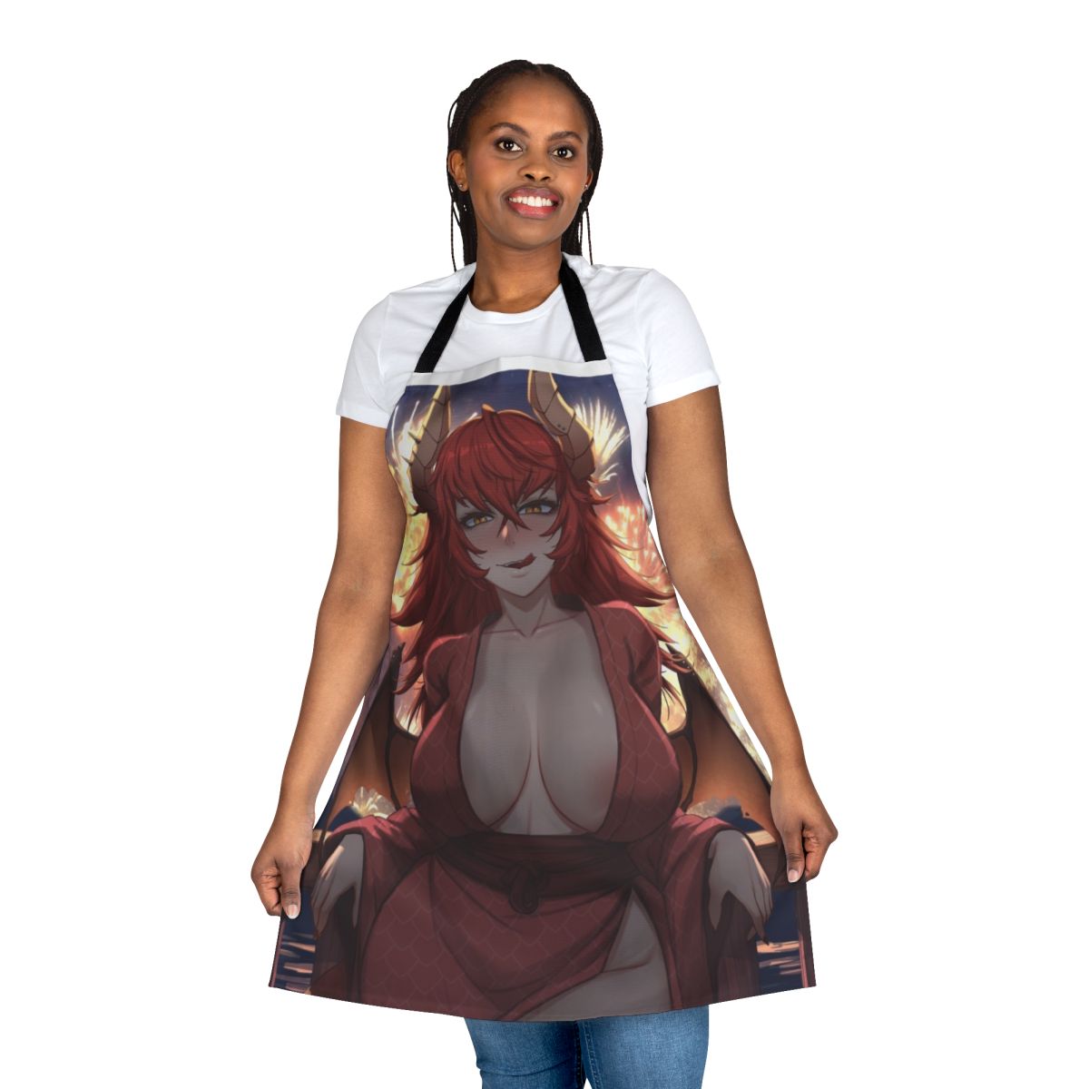 Product image of a white apron with a colorful dragon girl design, inspired by the VTuber Zentreya.