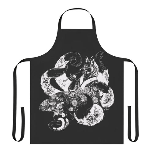 Anime-style apron featuring a kitsune (fox spirit) and a nekomata (two-tailed cat) in an inverted design