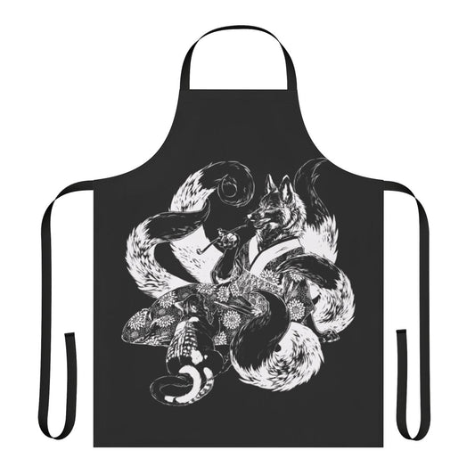Anime-style apron featuring a kitsune (fox spirit) and a nekomata (two-tailed cat) in an inverted design