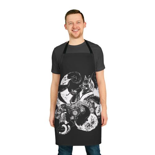Anime-style apron featuring a kitsune (fox spirit) and a nekomata (two-tailed cat) in an inverted design