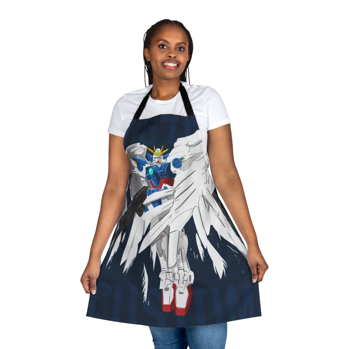 Stylized Gundam-inspired apron for cosplay, model building, and kitchen use