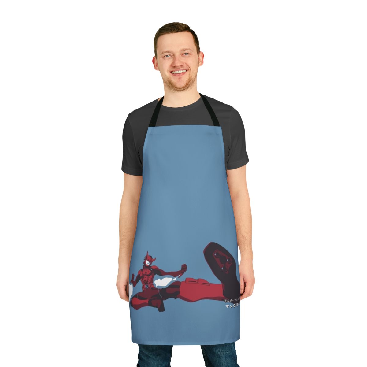 Anime-style apron featuring samurai and superhero design elements