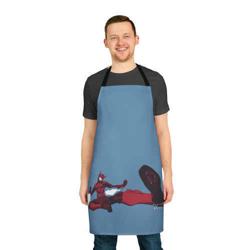 Anime-style apron featuring samurai and superhero design elements