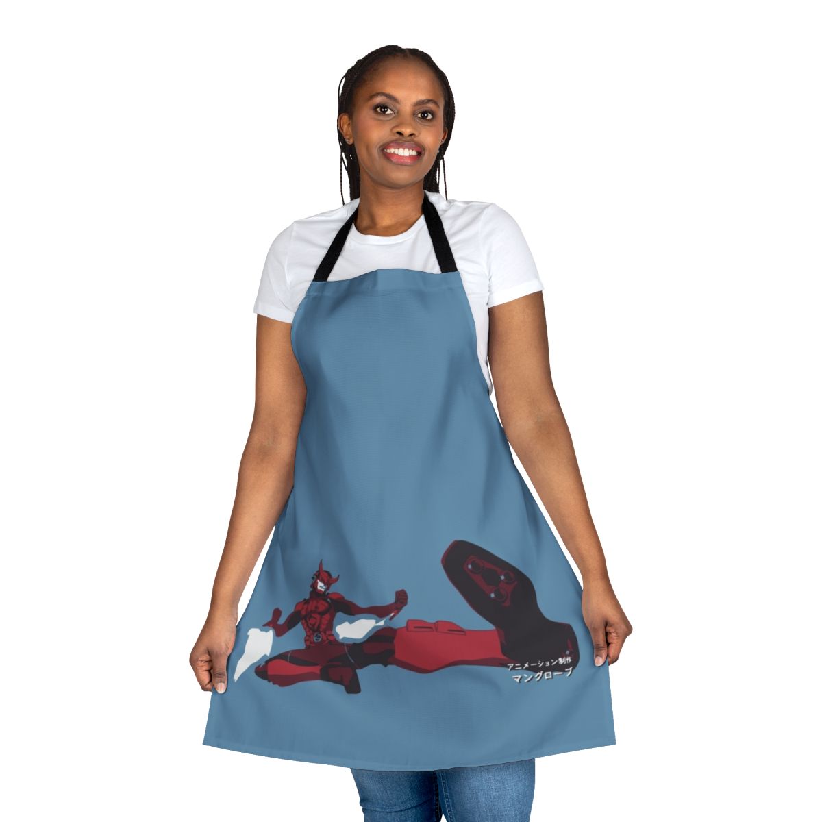 Anime-style apron featuring samurai and superhero design elements