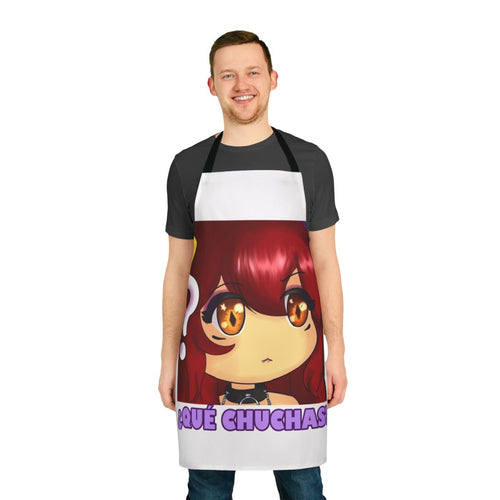 Anime-style girl with horns and a mischievous expression wearing a high-quality apron.