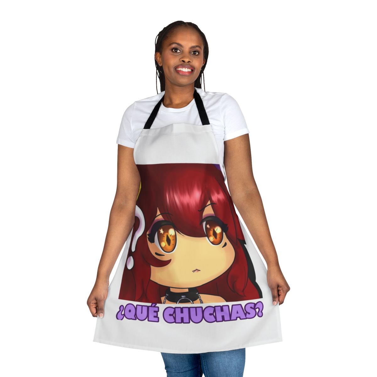 Anime-style girl with horns and a mischievous expression wearing a high-quality apron.