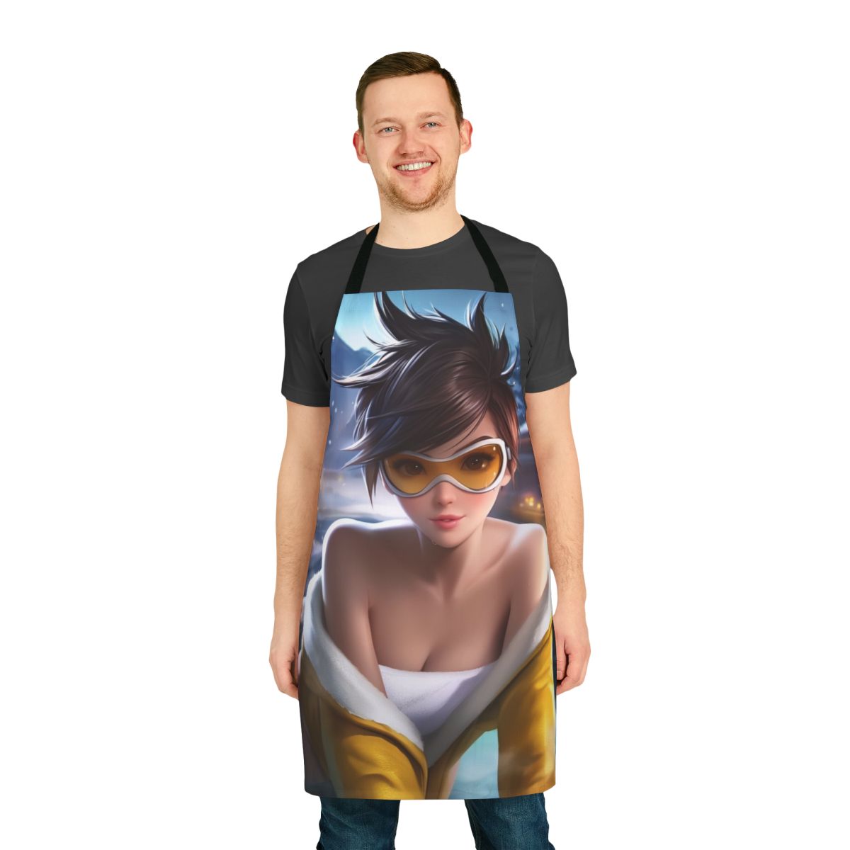 A sexy, anime-inspired apron featuring the popular Overwatch character Tracer in a hot spring setting.