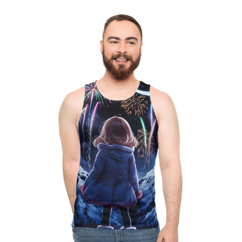 Anime unisex tank top with colorful fireworks and fantasy scenery