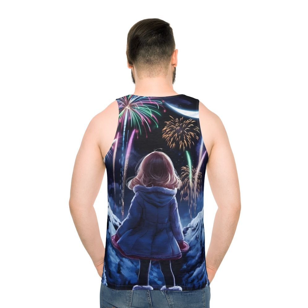 Anime unisex tank top with colorful fireworks and fantasy scenery