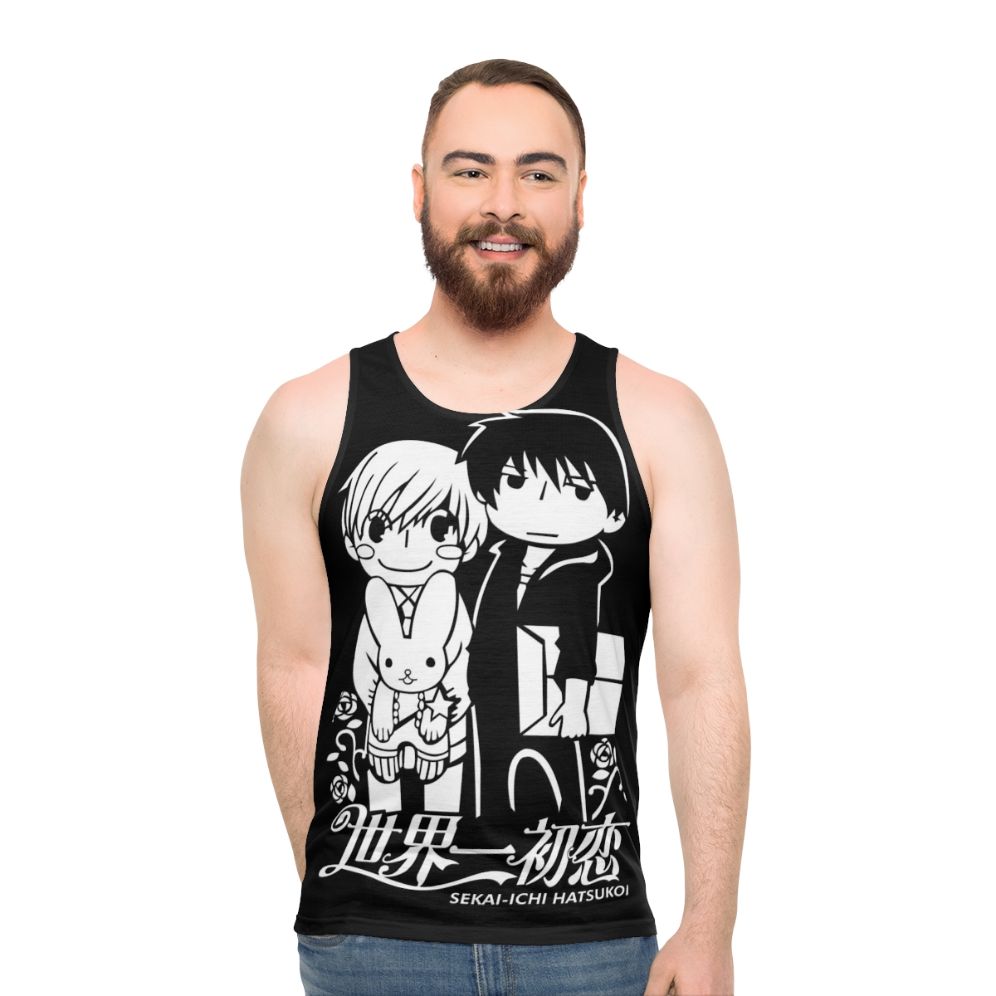 Unisex anime tank top featuring characters from the BL manga Sekai Ichi Hatsukoi
