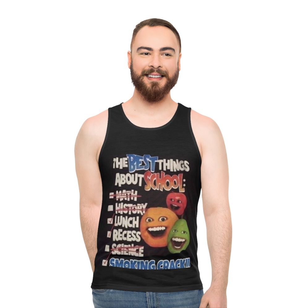 Annoying Orange inspired unisex tank top with a humorous school-themed graphic