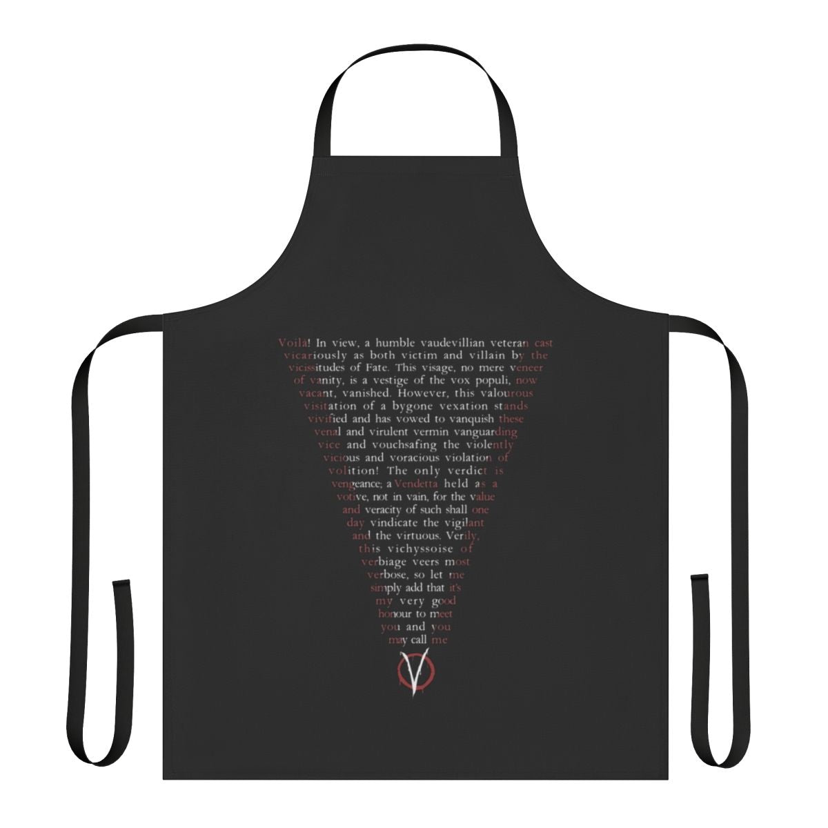 V for Vendetta-inspired apron with Guy Fawkes mask and rebellious typography