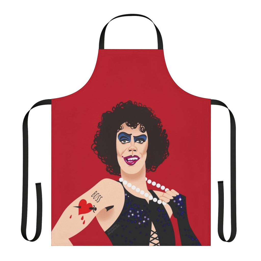 Antici Pation themed cooking apron featuring musical comedy and horror humor imagery