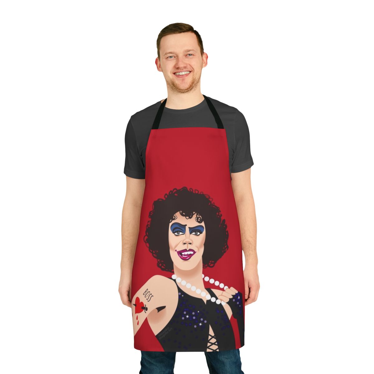 Antici Pation themed cooking apron featuring musical comedy and horror humor imagery
