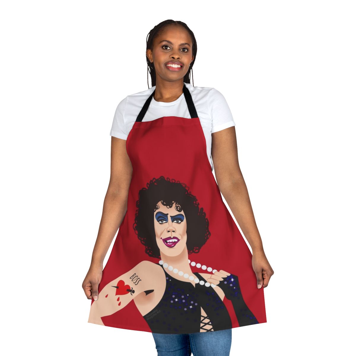 Antici Pation themed cooking apron featuring musical comedy and horror humor imagery