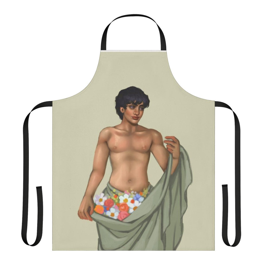 Antinous inspired apron with spring floral design, featuring ancient Roman mythological figure.