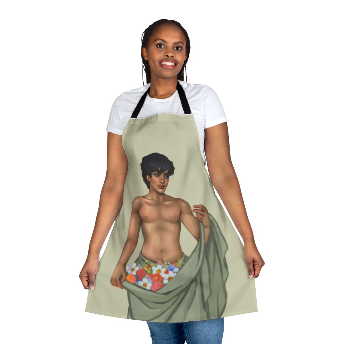 Antinous inspired apron with spring floral design, featuring ancient Roman mythological figure.