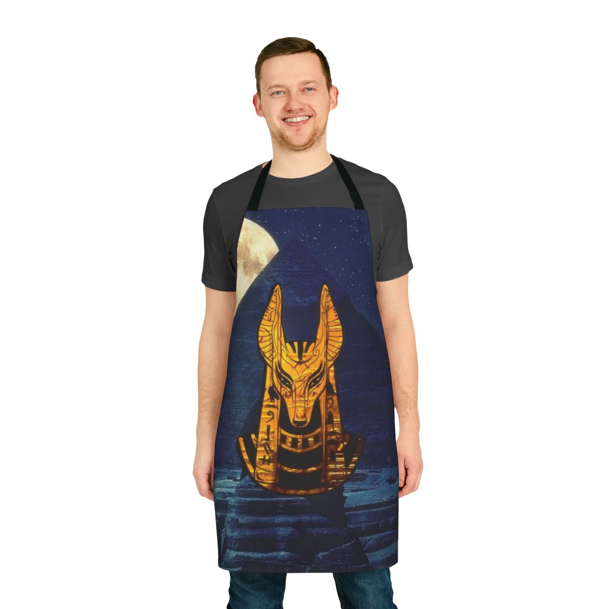 Apron featuring the Egyptian god Anubis in a sleek, golden design
