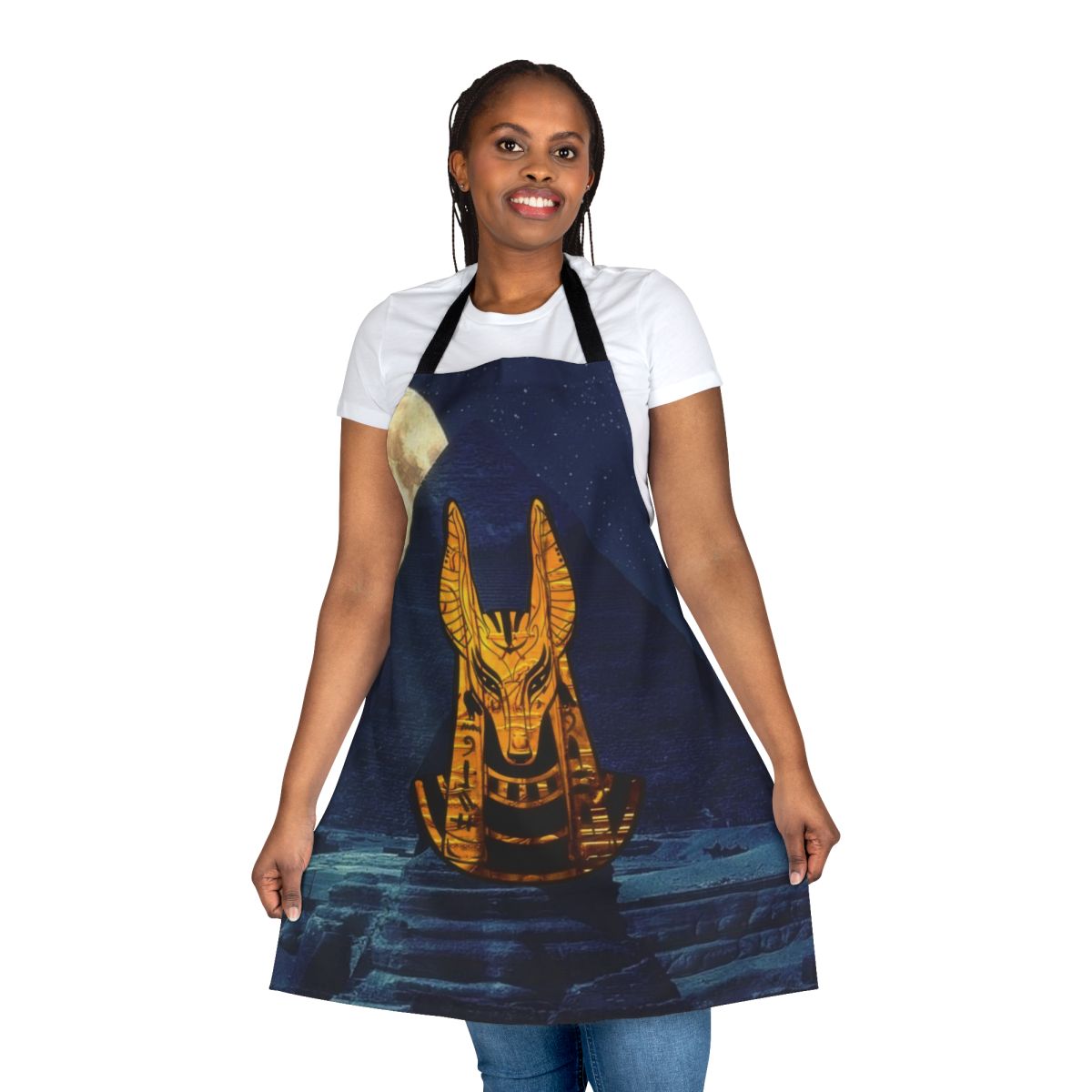 Apron featuring the Egyptian god Anubis in a sleek, golden design