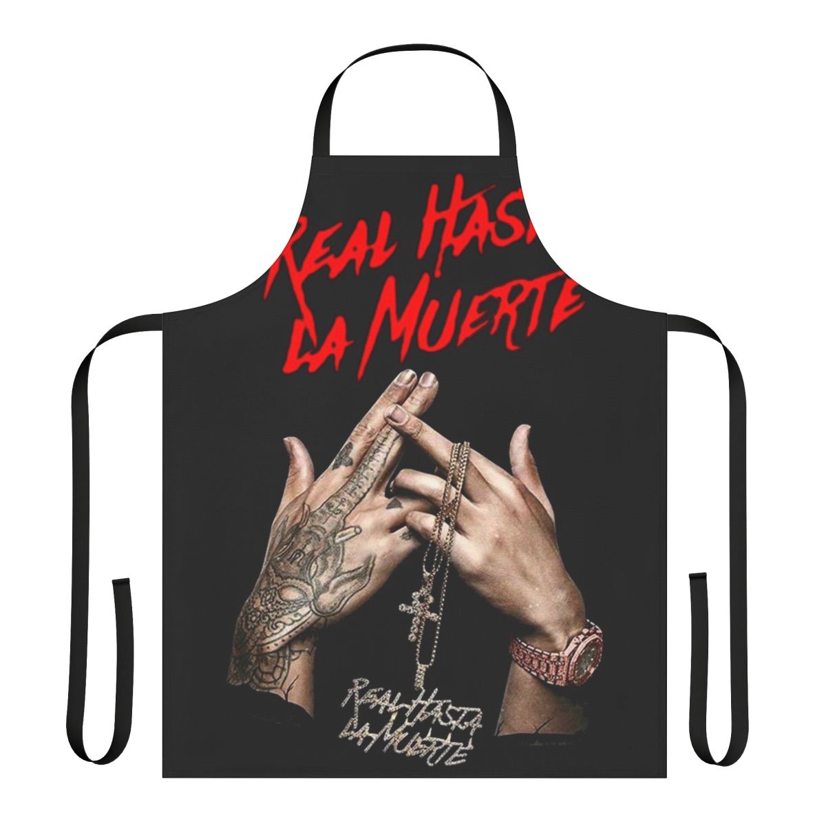 Anuel AA inspired black and white apron with "Real Hasta La Muerte" text