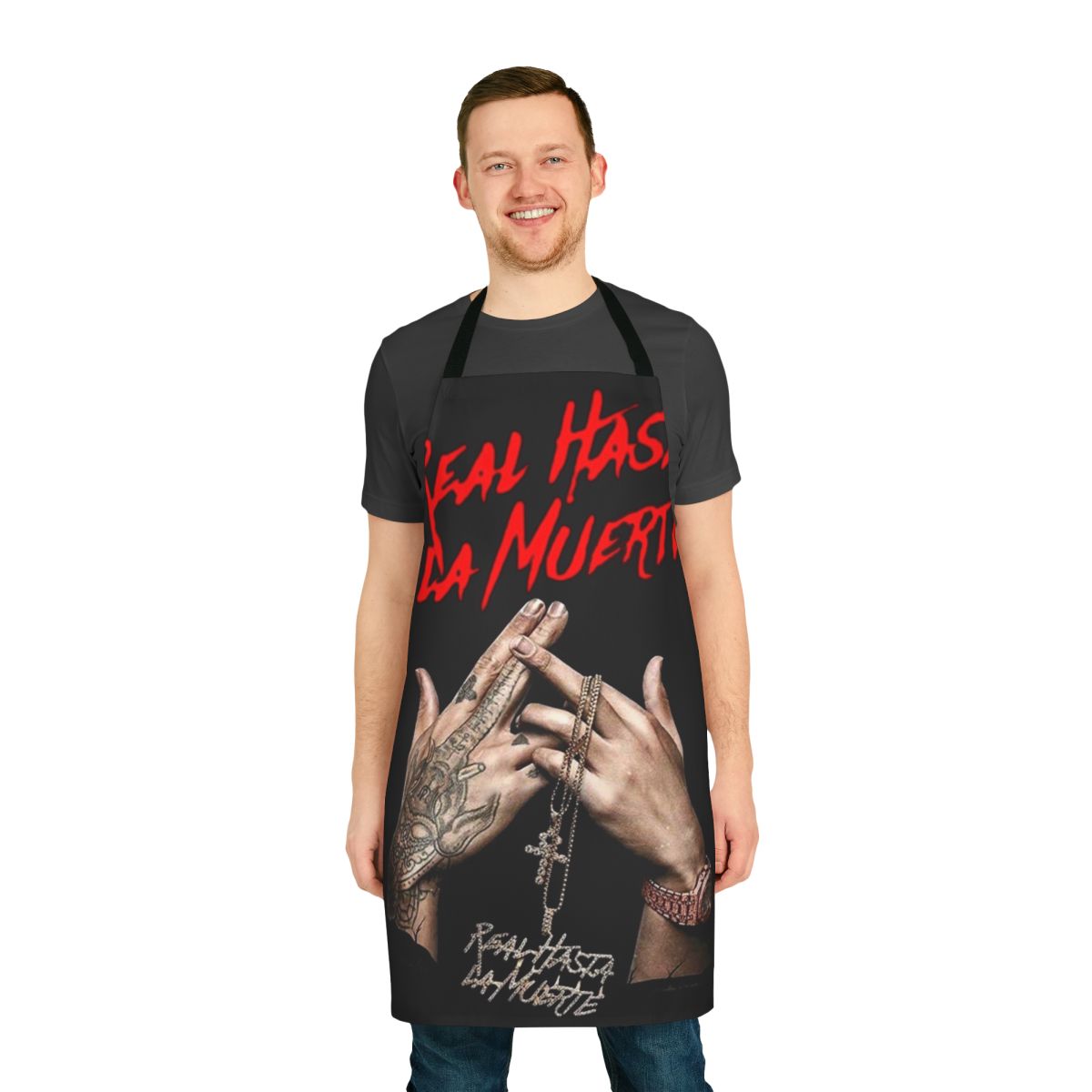 Anuel AA inspired black and white apron with "Real Hasta La Muerte" text