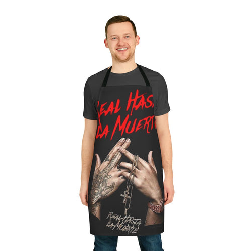 Anuel AA inspired black and white apron with "Real Hasta La Muerte" text