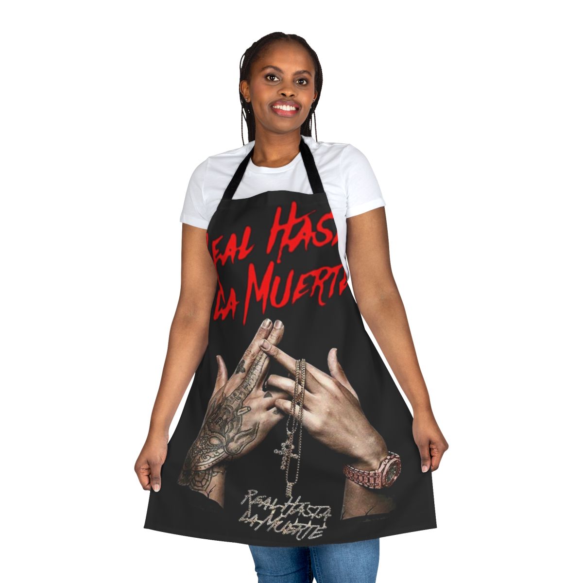 Anuel AA inspired black and white apron with "Real Hasta La Muerte" text