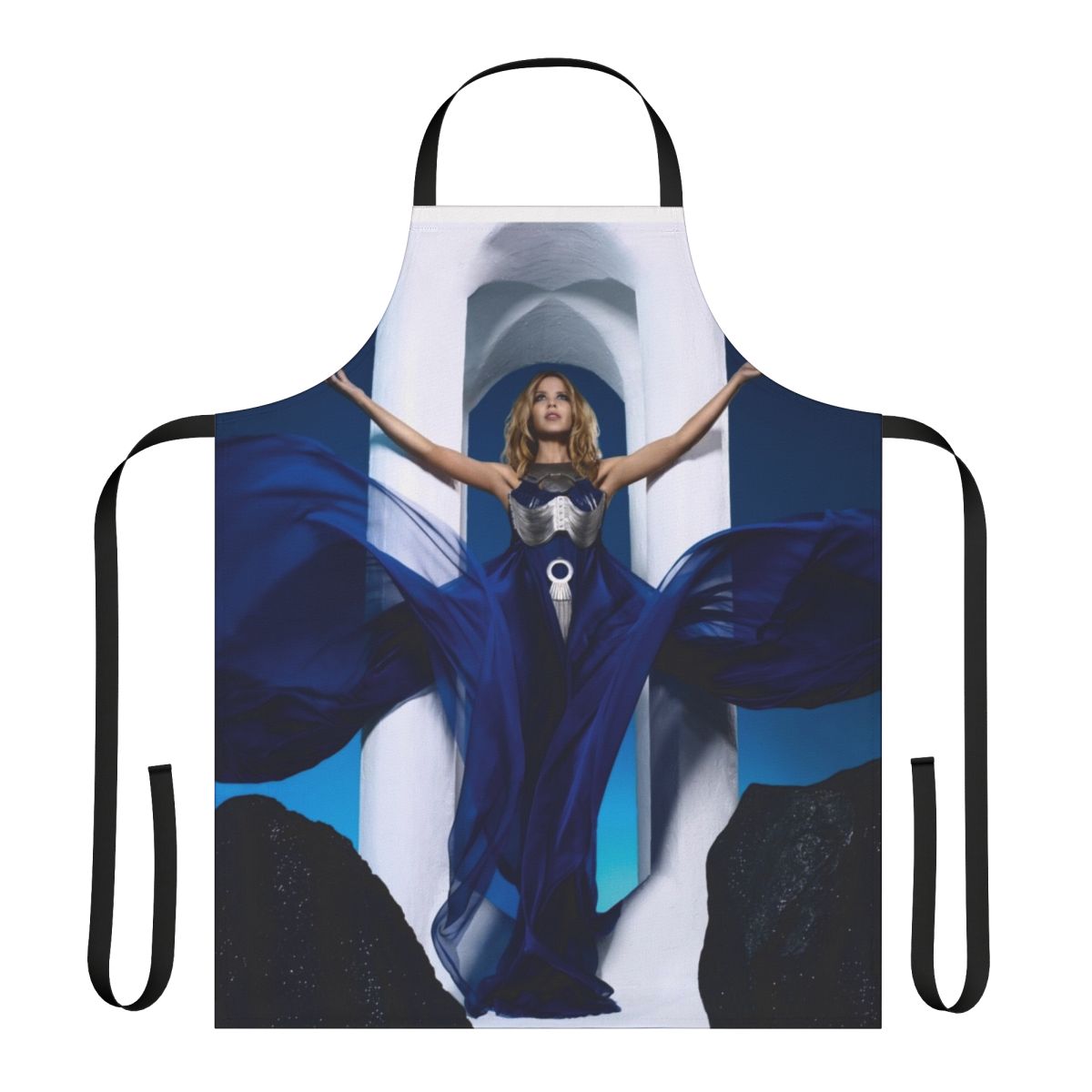 Aphrodite-inspired blue and white apron with Greek goddess motif