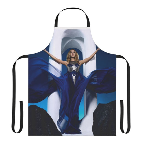 Aphrodite-inspired blue and white apron with Greek goddess motif
