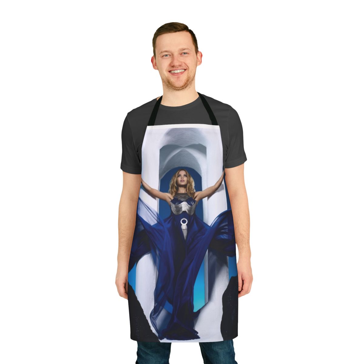 Aphrodite-inspired blue and white apron with Greek goddess motif