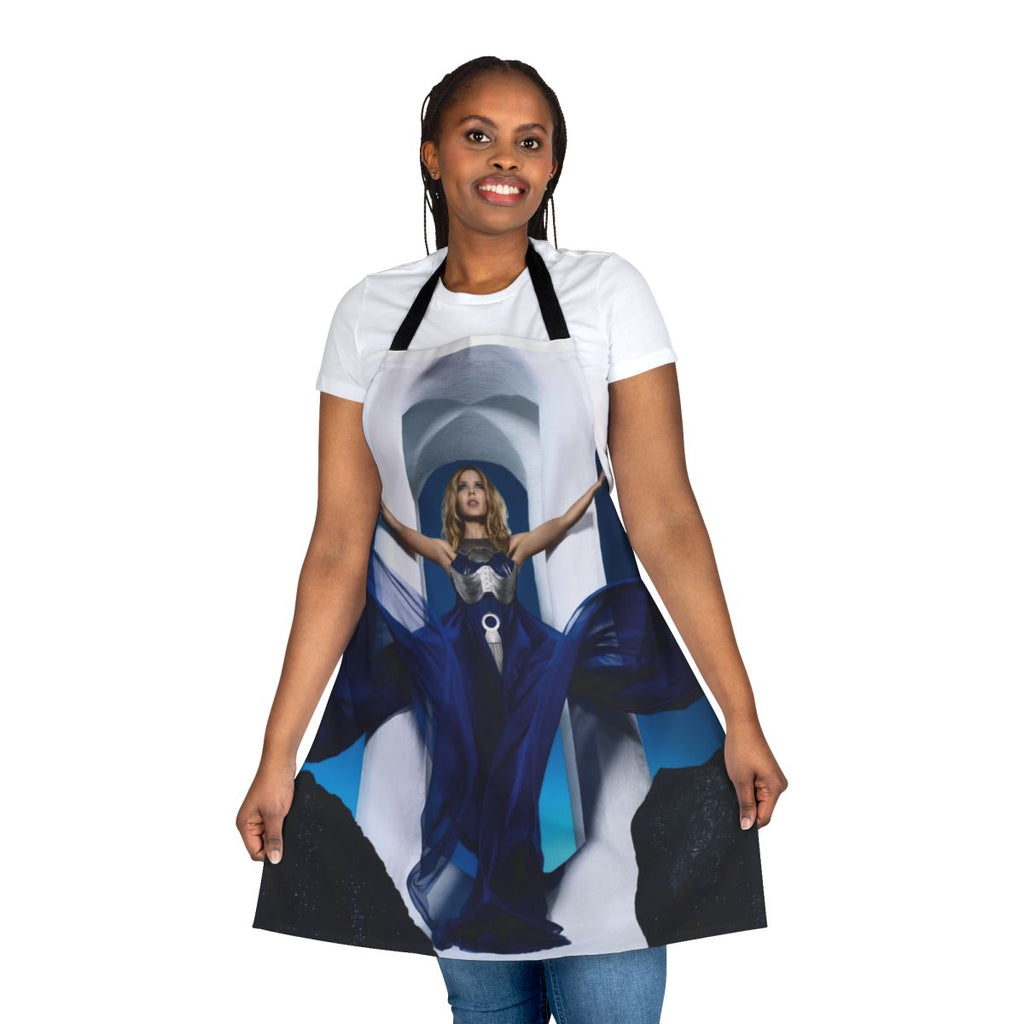 Aphrodite-inspired blue and white apron with Greek goddess motif