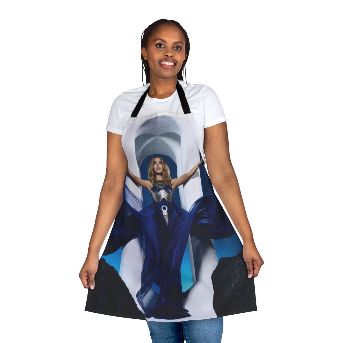 Aphrodite-inspired blue and white apron with Greek goddess motif