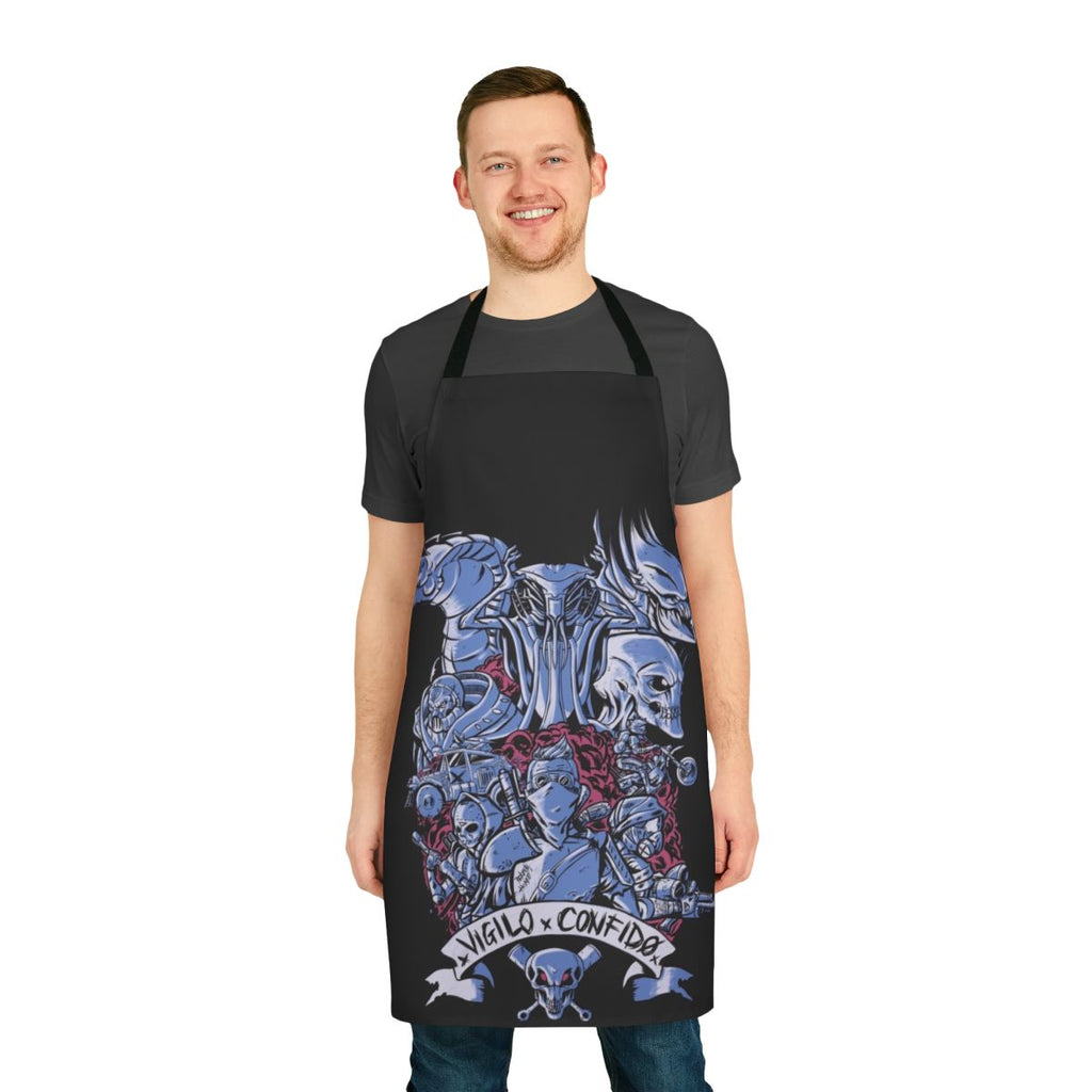 Apocalypse-themed apron with sci-fi and post-apocalyptic design elements